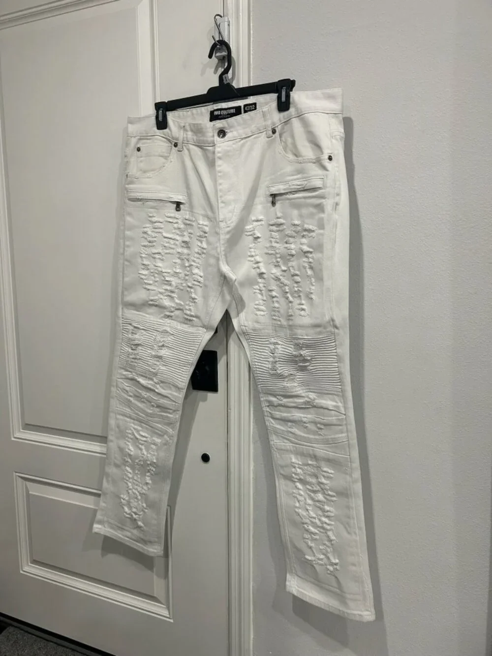 Odd Culture 42x32 Mens White Distressed Slim Fit Biker Moto Jeans Grungecore